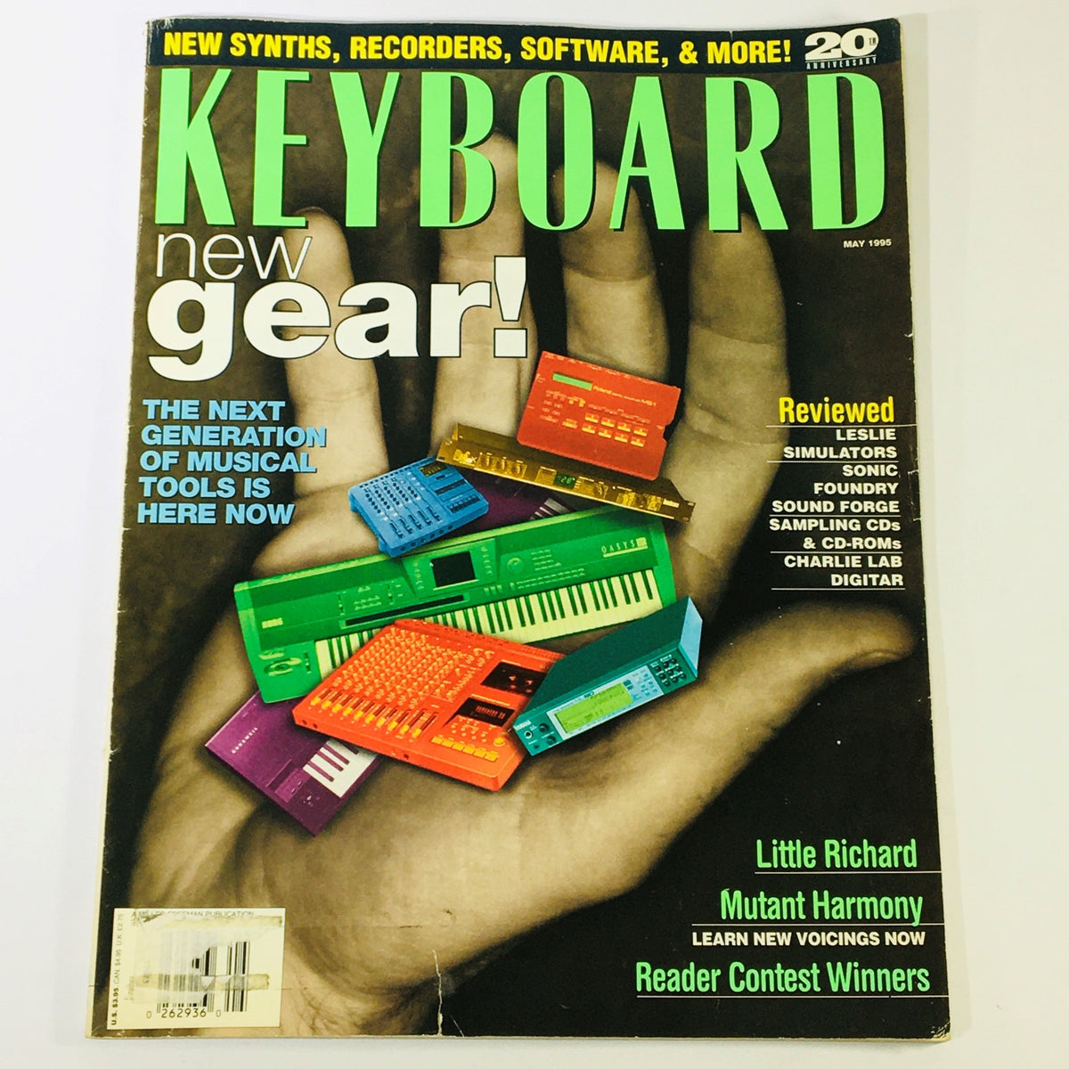 Cover of Keyboard Magazine May 1995 featuring Little Richard, the concept of Mutant Harmony, and new musical tools, highlighting the next generation of musical equipment.
