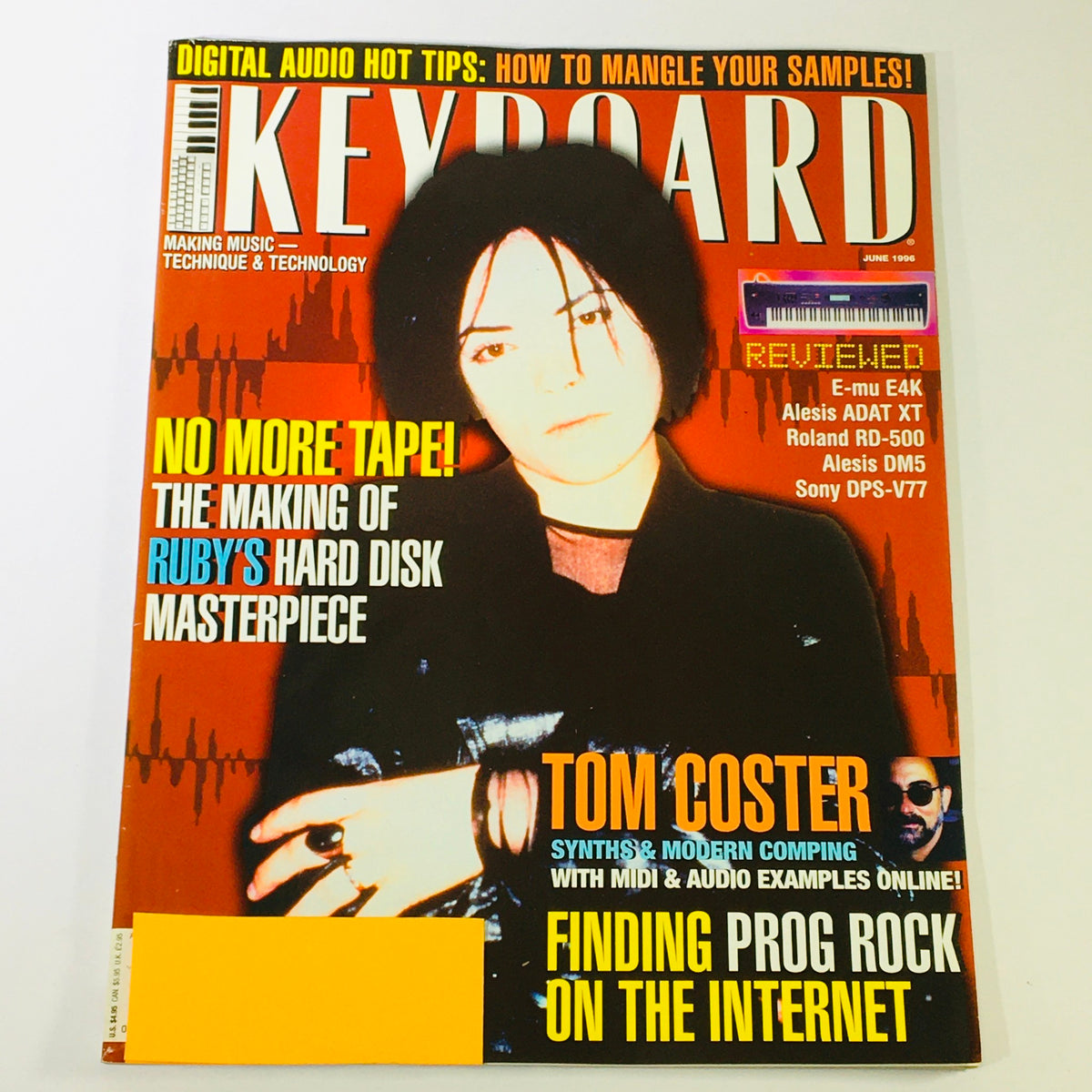 Cover of Keyboard Magazine June 1996 featuring the headline 'No More Tape! The Making of Ruby's Hard Disk Masterpiece' and insights from Tom Coster. The cover includes vibrant colors and graphic designs related to music technology.