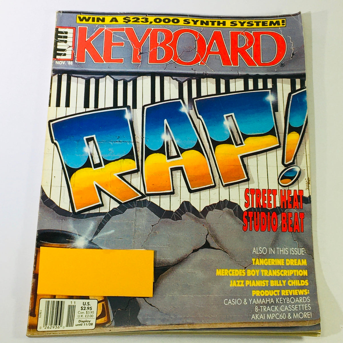Cover of VTG Keyboard Magazine from November 1988 featuring the title 'RAP!' with colorful graphics, along with the headline 'Street Heat Studio Beat & Tangerine Dream'. This vintage magazine highlights music trends of the late 1980s.