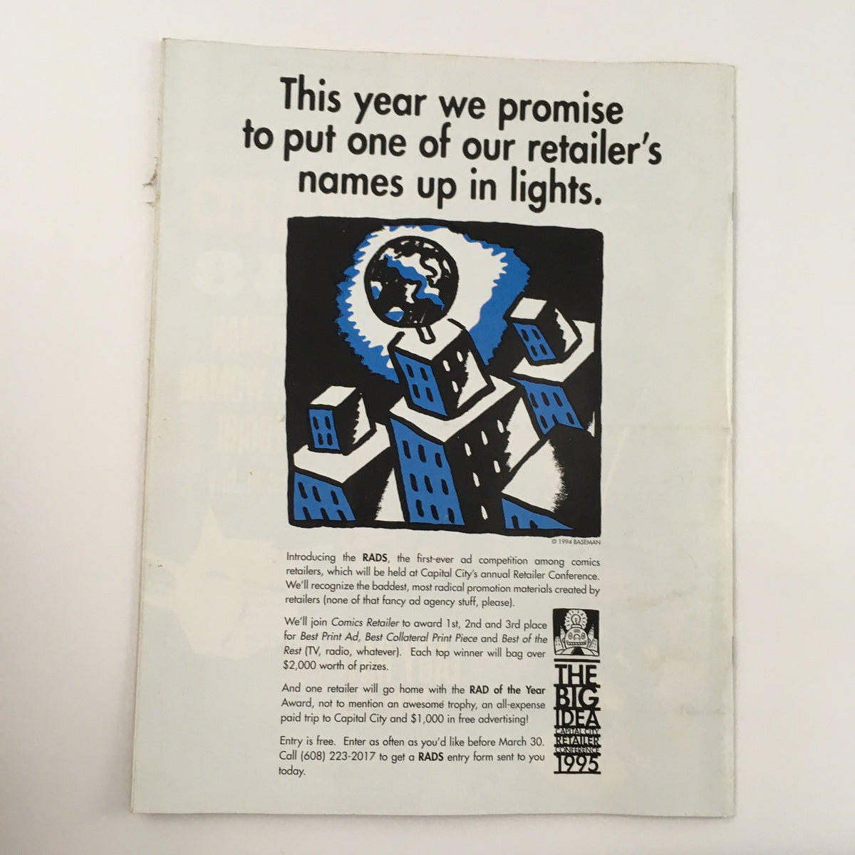 Back cover advertisement from the May 1995 Internal Correspondence Magazine promoting a retailer competition called RADS, aimed at recognizing exceptional promotional materials in the comic industry.