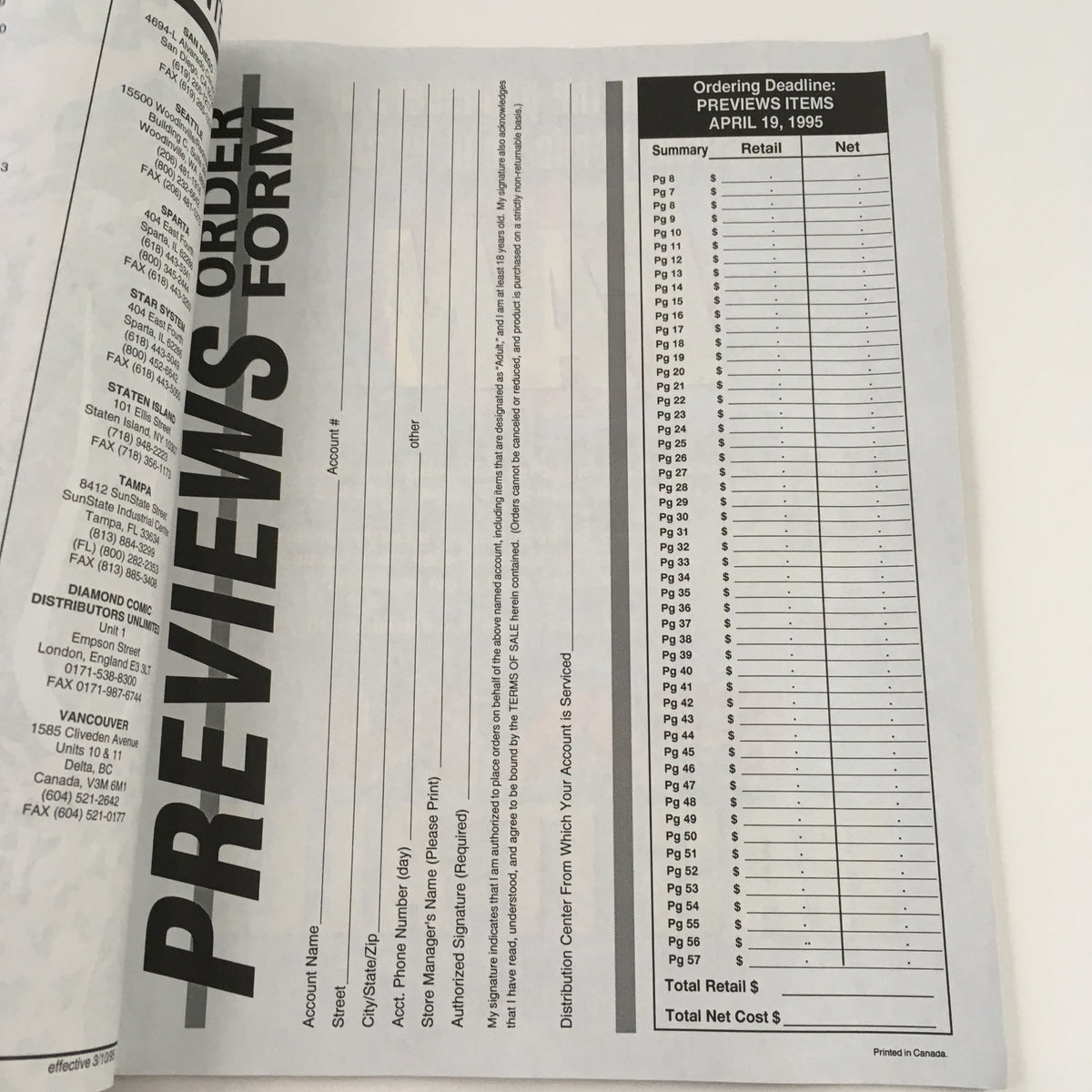 Interior page of the Previews Order Form April 1995, highlighting order form details and submission guidelines, designed to assist retailers in placing orders.