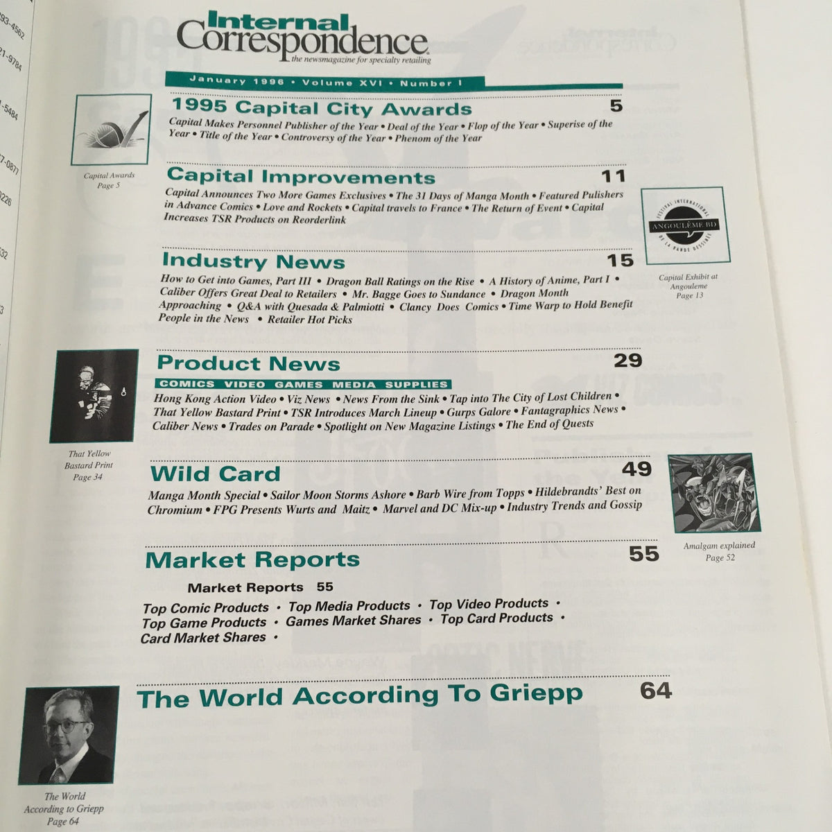 January 1996 edition of Internal Correspondence Magazine featuring articles on the 1995 Capital City Awards, industry news, product updates in comics and video games, and cultural insights related to Chow Yun Fat.
