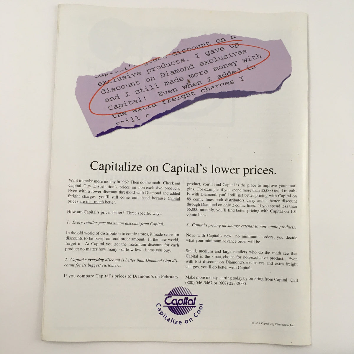 Advertisement from the January 1996 Internal Correspondence Magazine promoting Capital City Distribution's pricing advantages, highlighting opportunities for retailers to maximize profit margins.