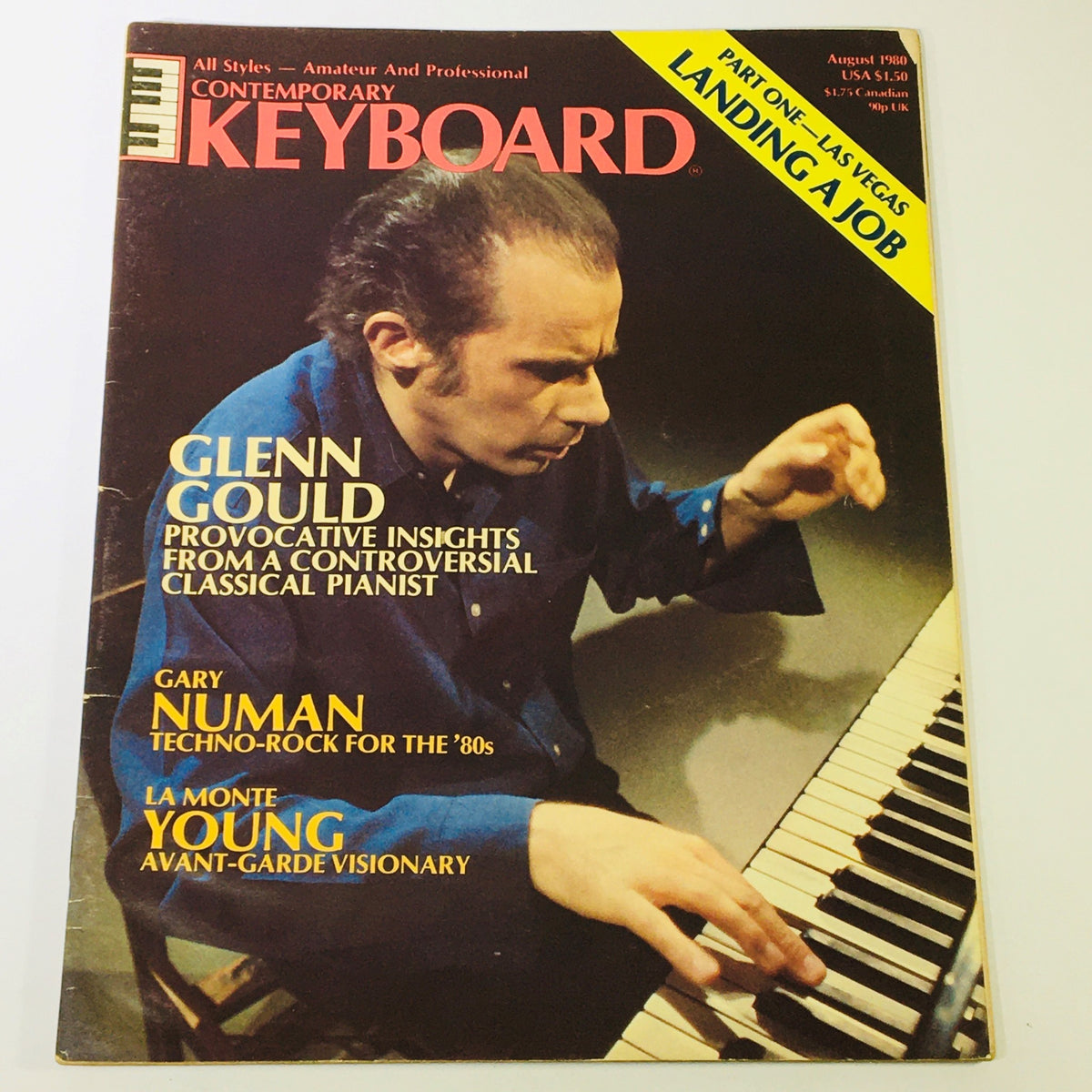 Cover of VTG Keyboard Magazine August 1980 featuring Glenn Gould, Gary Numan, and La Monte Young, showcasing articles on classical piano and techno-rock.