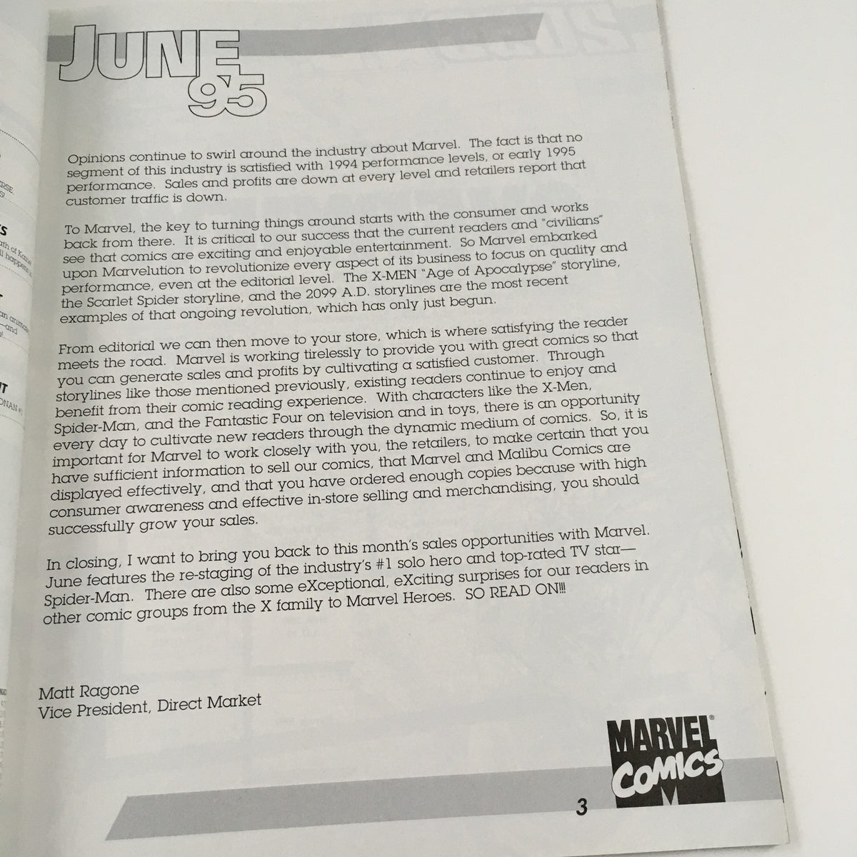 Interior page of Mega Marvel Comics June 1995, discussing Marvel's strategy and featuring Spider-Man, emphasizing the comic's historical context.