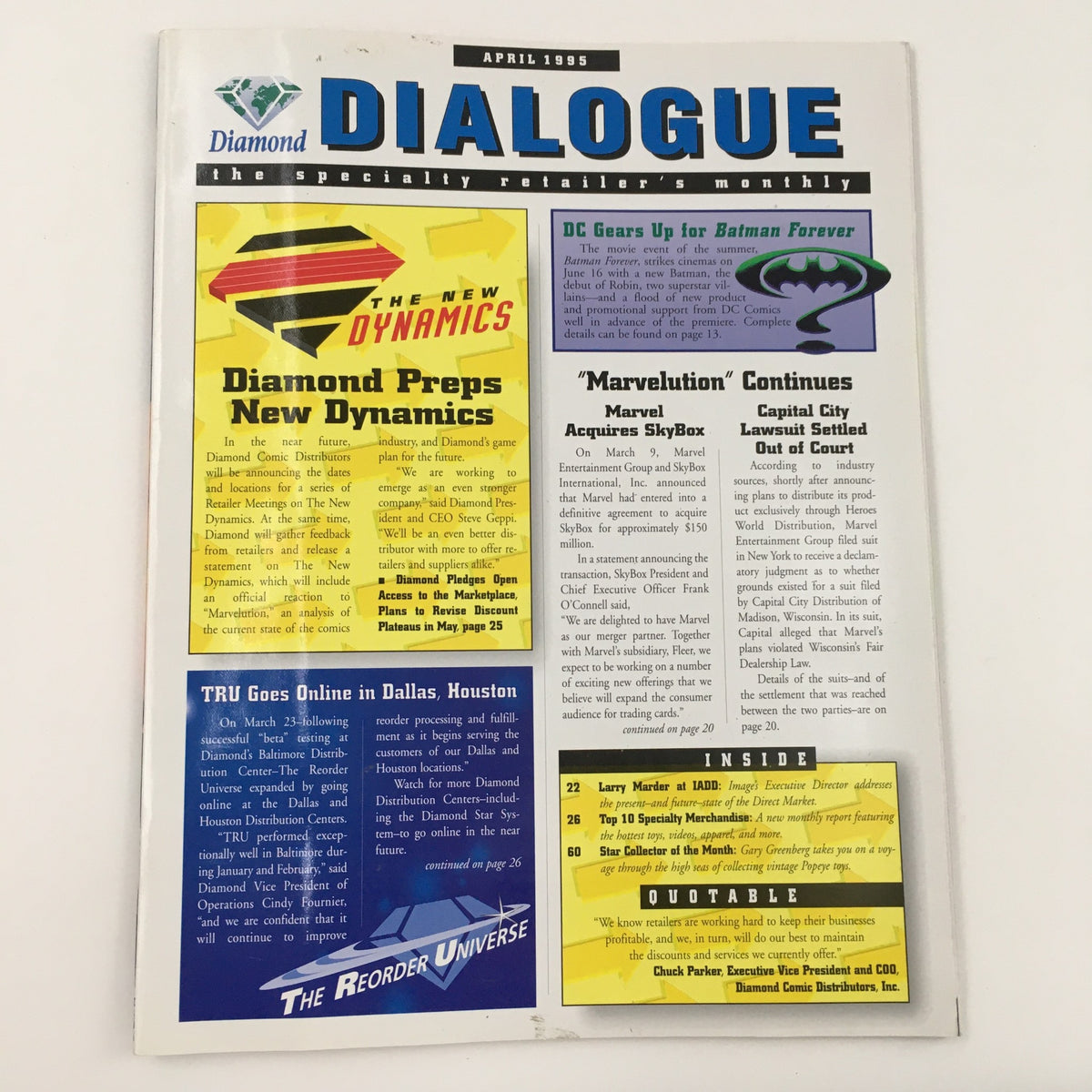 Cover of Diamond Dialogue Comics from April 1995 featuring title and highlights on industry updates, including Lady Justice and Teknophage by Neil Galman.