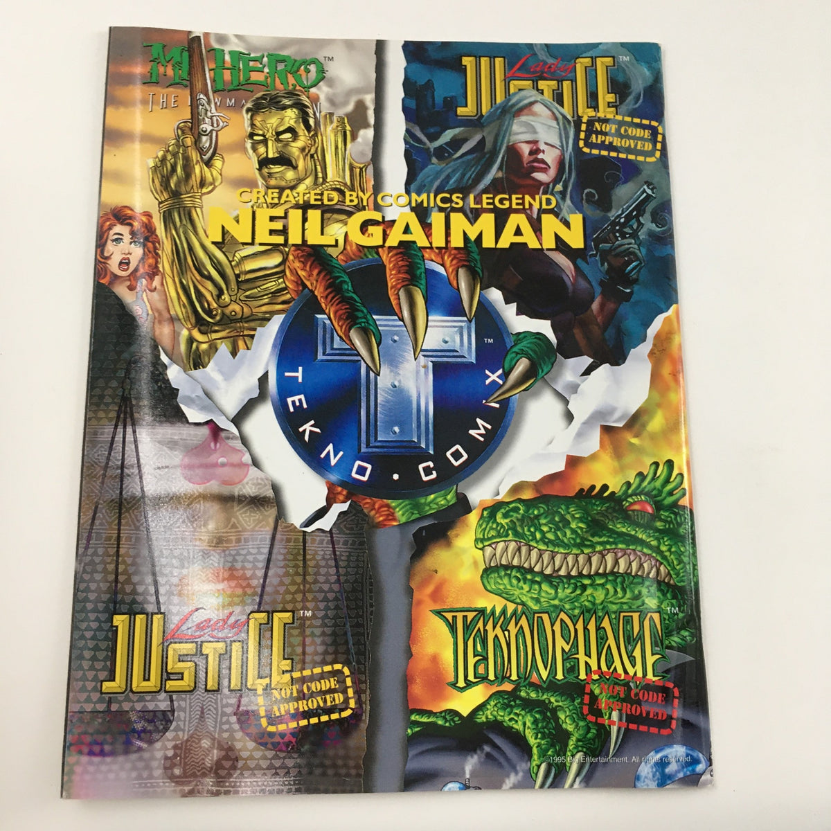 Cover of Diamond Dialogue Comics from April 1995 featuring Lady Justice and Teknophage, created by Neil Gaiman, showcasing dynamic illustrations and characters in a vibrant, collectible design.