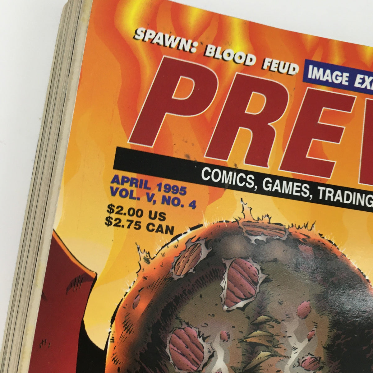 Close-up of the title section on the cover of Previews Magazine April 1995 Vol. V No. 4, including price and issue details, highlighting comics, games, and trading cards.