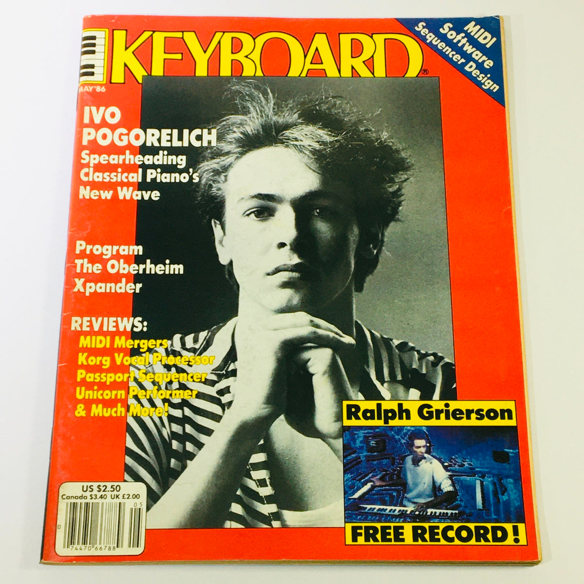VTG Keyboard Magazine May 1986 featuring Ivo Pogorelich on the cover, highlighting his role in classical piano, along with a mention of Ralph Grierson and MIDI software reviews.