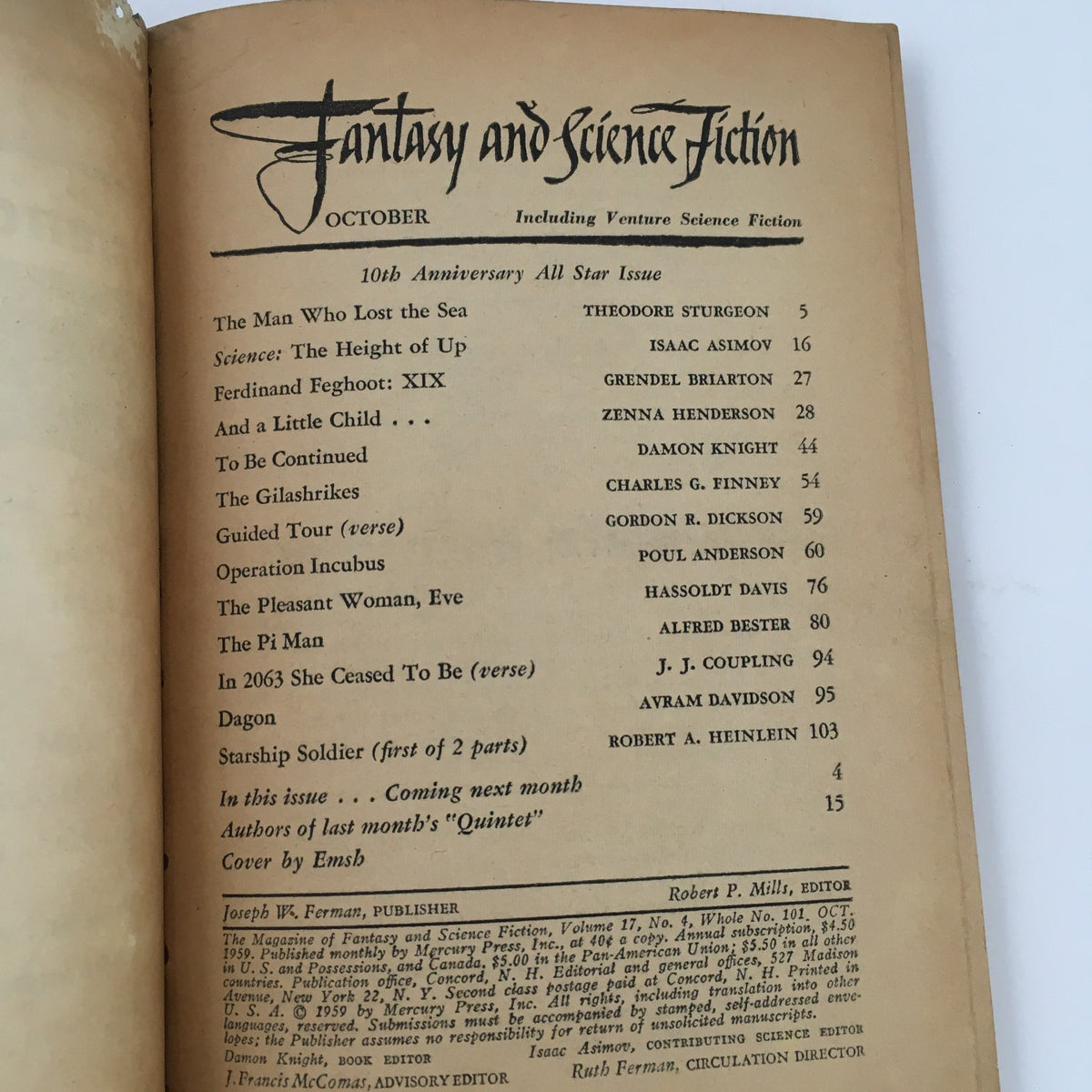 Table of contents page from Fantasy and Science Fiction magazine, October 1959, including details on the novella Starship Soldier by Heinlein and other featured stories.