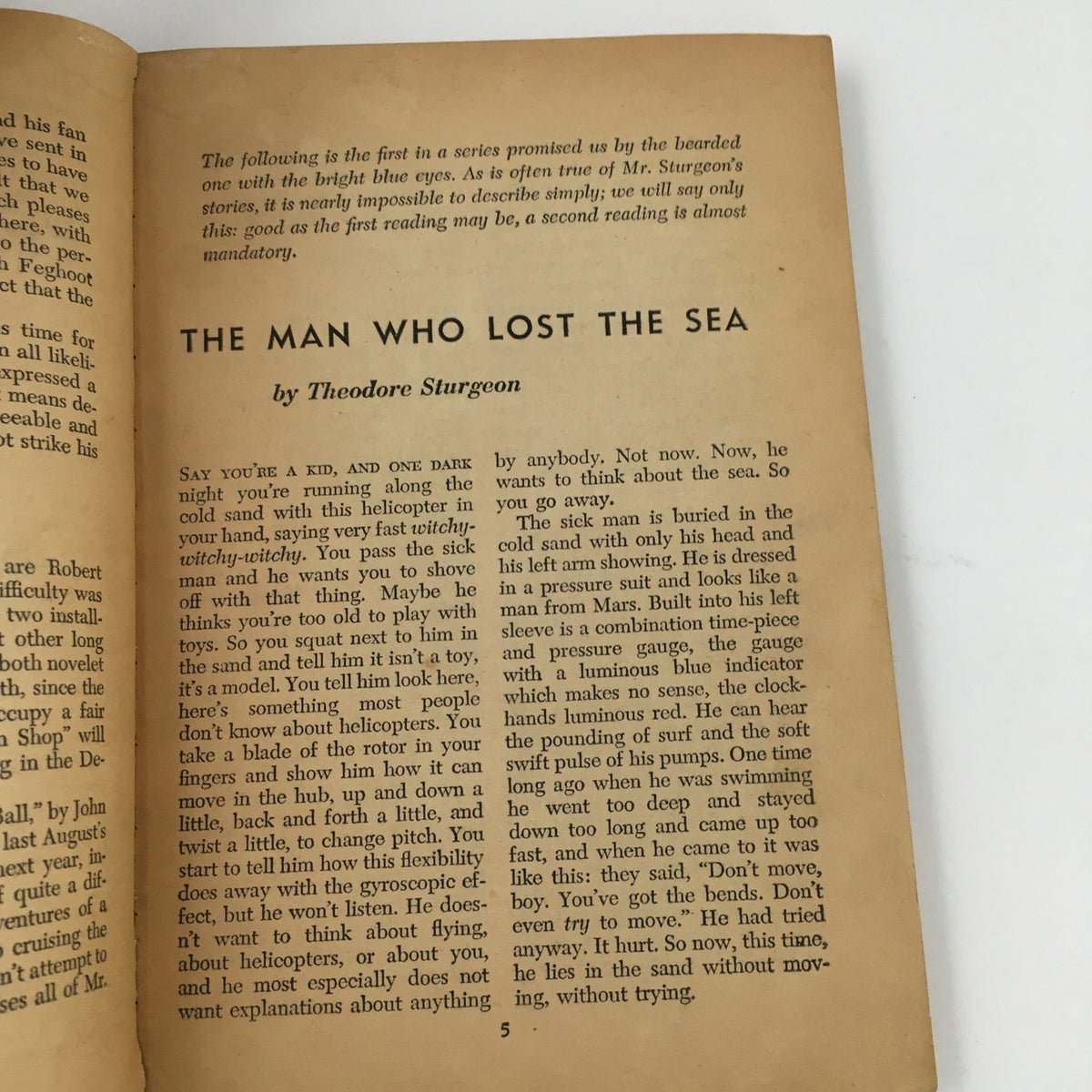 First page of the story 'The Man Who Lost the Sea' by Theodore Sturgeon from the October 1959 issue of Fantasy and Science Fiction magazine, also featuring Heinlein's Starship Soldier.