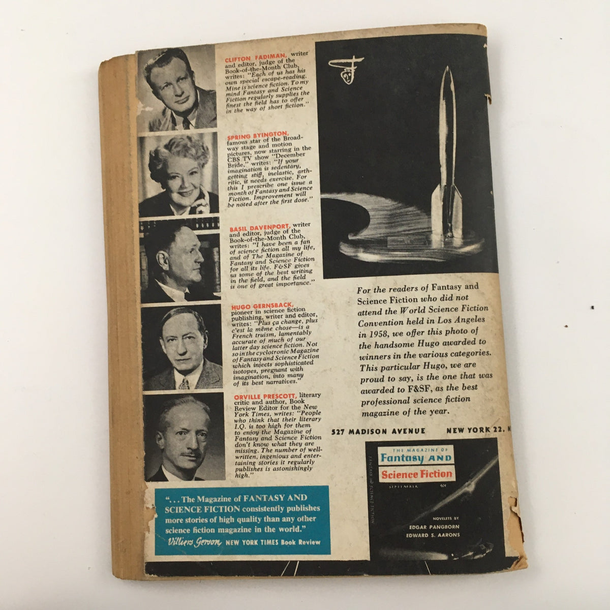Back cover of Fantasy and Science Fiction October 1959, displaying images of notable science fiction authors and a promotional blurb about the magazine's quality.