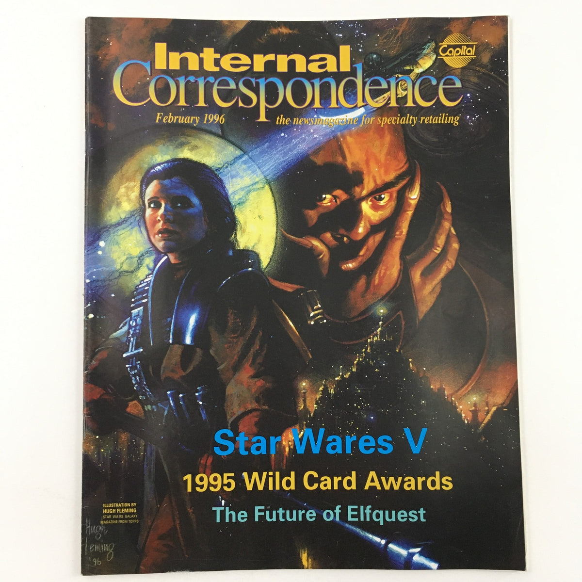Internal Correspondence February 1996 magazine cover featuring Star Wares V illustration by Hugh Fleming, showcasing iconic characters in a vibrant sci-fi setting.