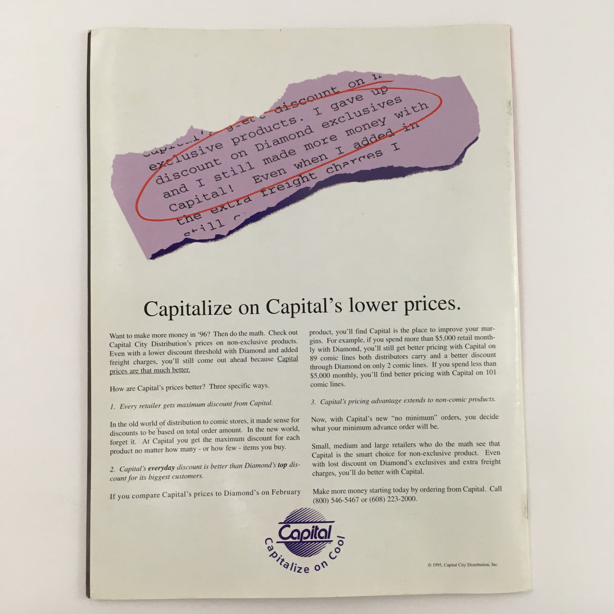 Back cover of Capital Advance Comics #87 March 1996 Ultra Klutz Book One Bad Habit, highlighting promotional content related to pricing and discounts for comic book orders.