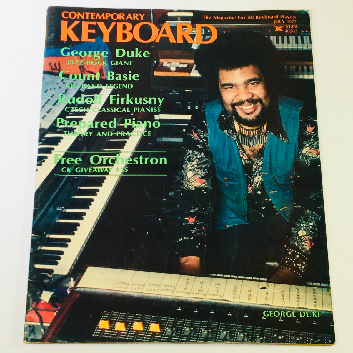 Cover of VTG Keyboard Magazine July 1977 featuring George Duke, Count Basie, and Rudolf Firkusny, showcasing keyboard music evolution with vibrant graphics.