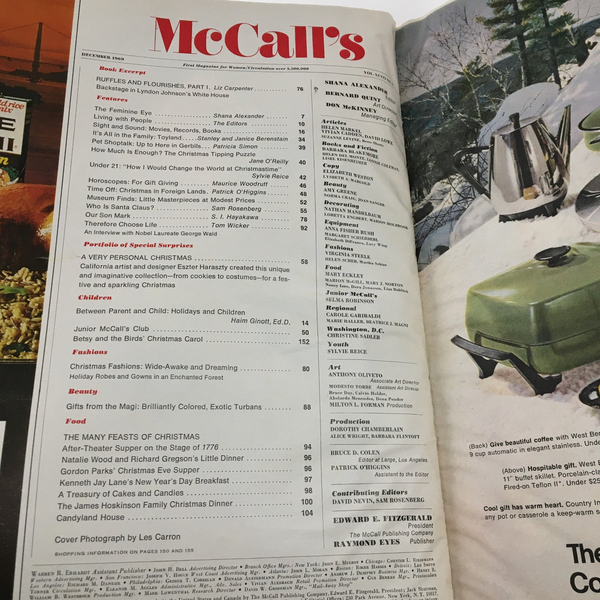 Table of contents page from McCall's Magazine December 1969, highlighting articles on parenting and holiday celebrations, emphasizing the cultural context of the era.