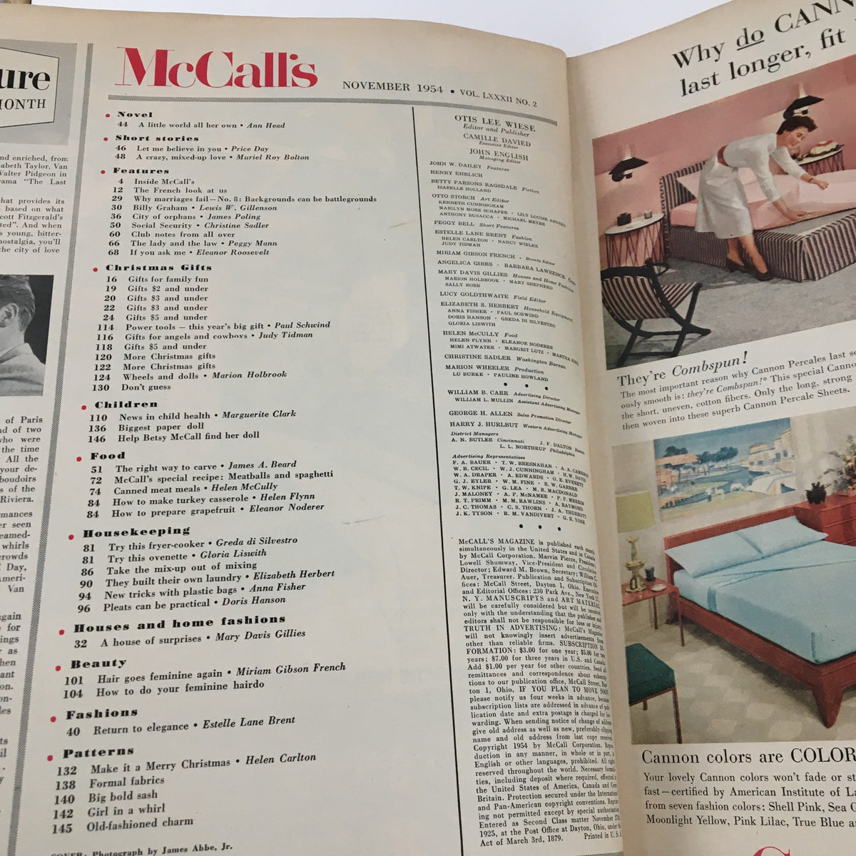 Interior page of McCall's Magazine November 1954 displaying the table of contents with highlighted articles and features, providing insights into the era's popular culture.