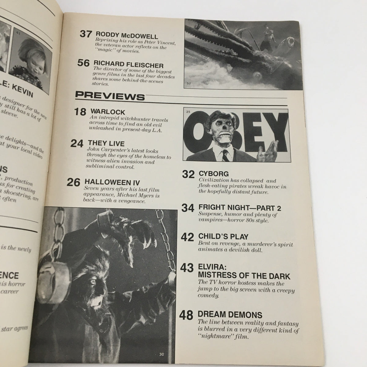 Another interior page of Horror Fan Magazine December 1988 displaying previews and articles such as interviews with horror film icons like Roddy McDowell and Richard Fleischer.