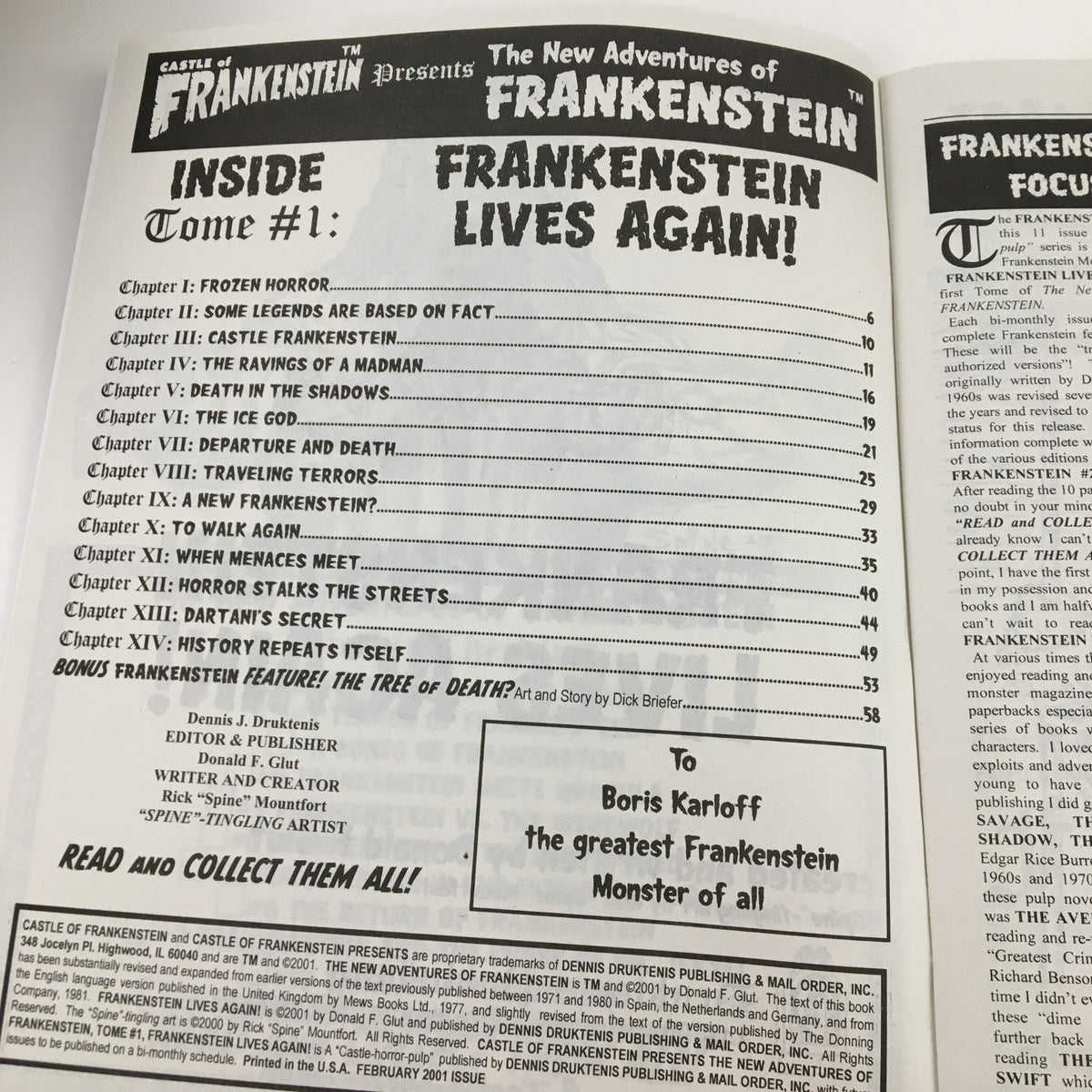 Table of contents from Castle of Frankenstein 2001 Presents The New Adventures of Frankenstein No Label, showcasing chapter titles and features like ‘Frankenstein Lives Again!’