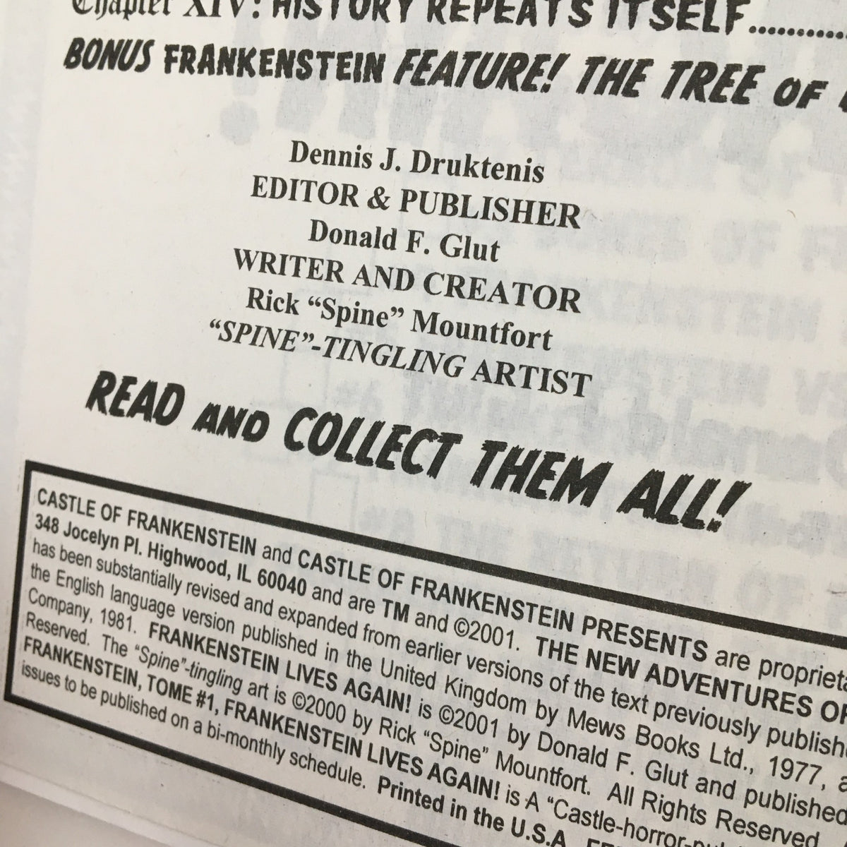 Close-up of the editorial credits in Castle of Frankenstein 2001 Presents The New Adventures of Frankenstein No Label, highlighting contributors Dennis J. Druktenis and Donald F. Glut.