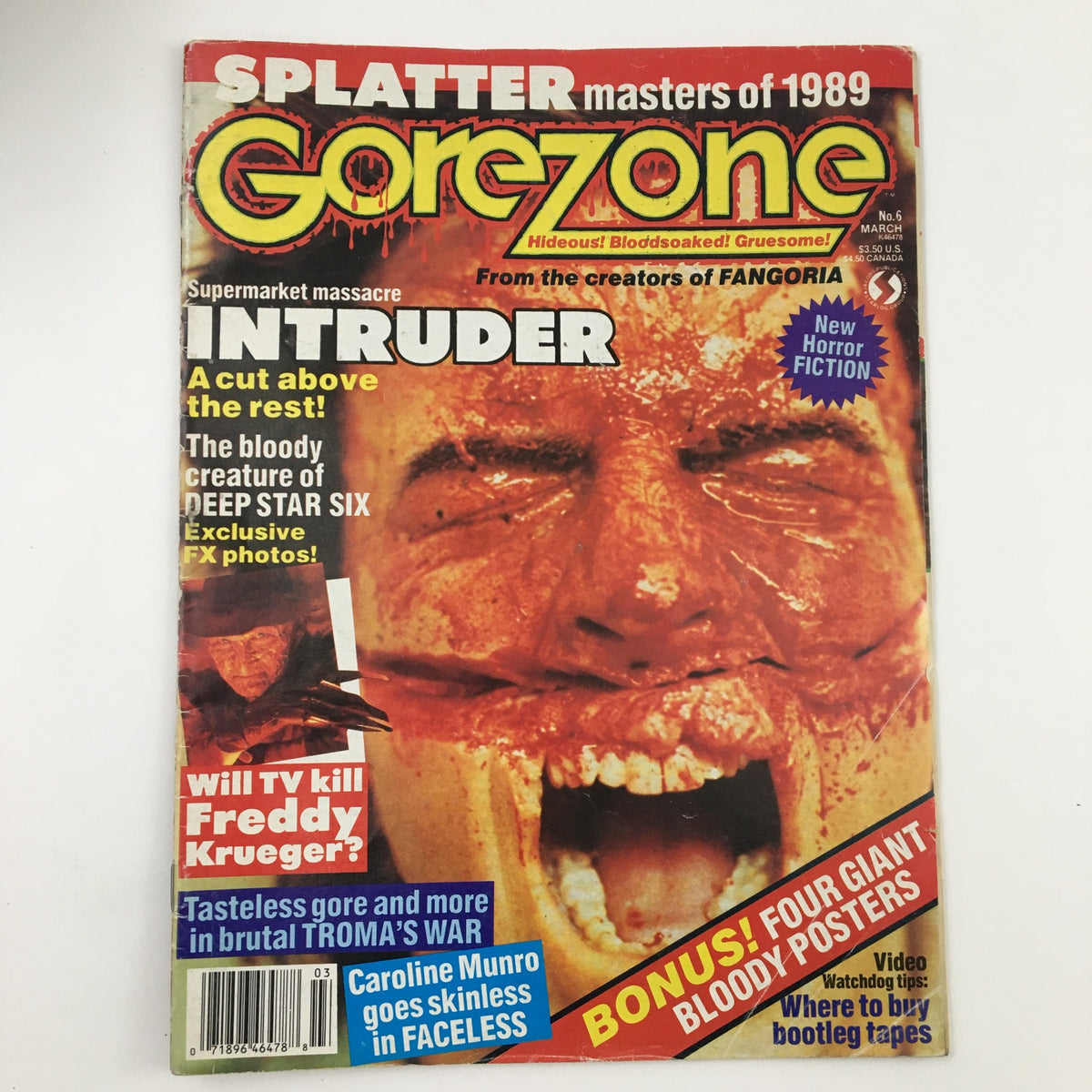 Cover of Gore Zone Magazine March 1989 featuring Freddy Krueger and Caroline Munro, highlighting content related to horror films, including a feature on 'Intruder' and bonus bloody posters.