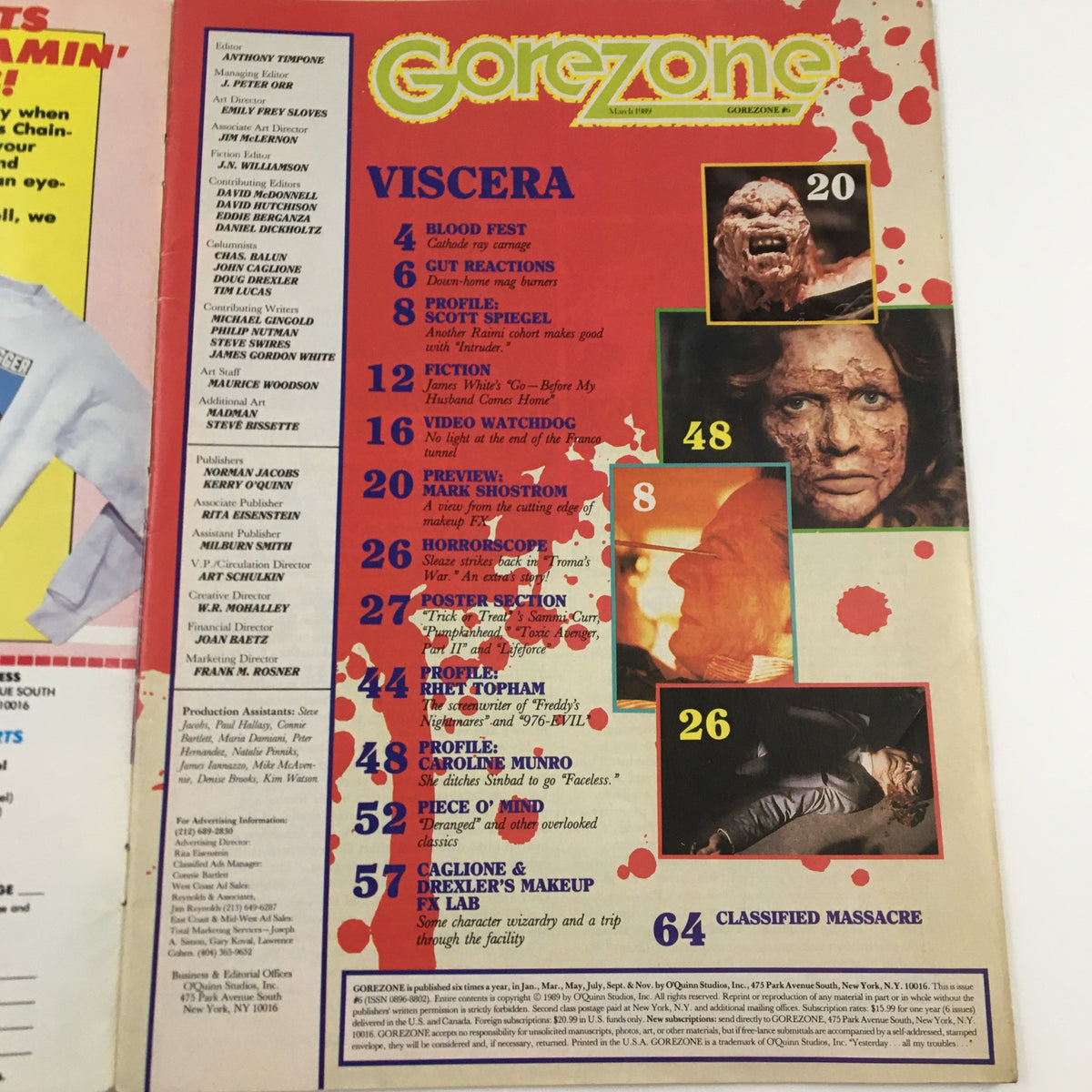 Table of contents from Gore Zone Magazine March 1989, detailing articles and features including profiles on Caroline Munro and Scott Spiegel, set in a horror cinema context.