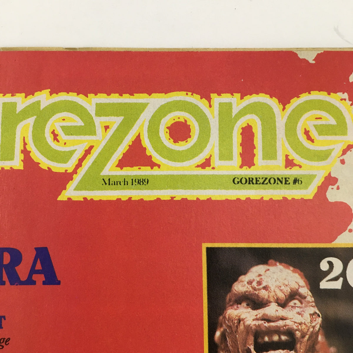 Close-up of Gore Zone Magazine March 1989 logo and article section titled 'Viscera', showcasing the magazine's focus on horror culture and films.