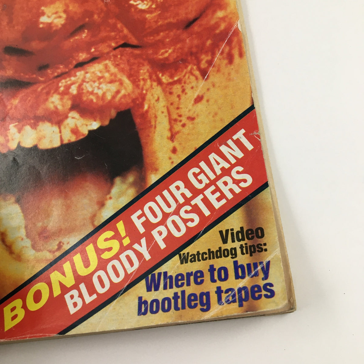 Bonus feature highlight from Gore Zone Magazine March 1989, advertising four giant bloody posters and video tips for buying bootleg tapes, reflecting the magazine's engaging horror content.