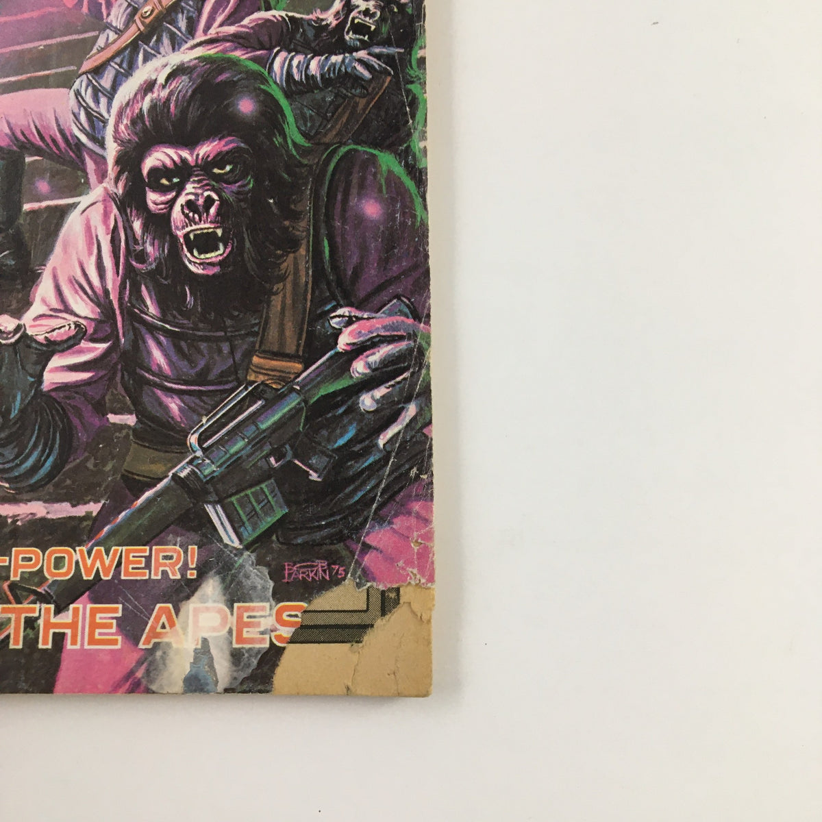 Close-up view of the side of Stan Lee's Planet of the Apes Vol. 1 No. 10 showcasing intense ape characters and vibrant artwork.