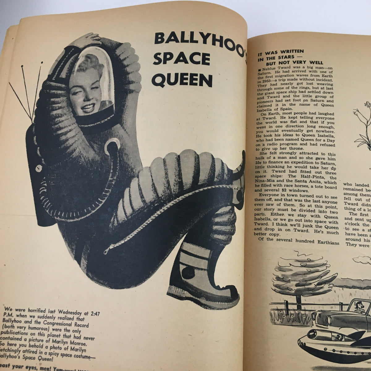 Page from Ballyhoo Humor Magazine Fall 1953 presenting a humorous depiction of a 'Space Queen' dressed in a whimsical space suit.