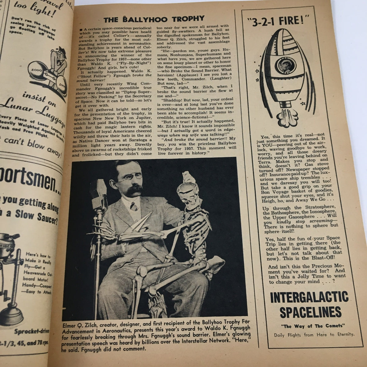 Image from Ballyhoo Humor Magazine Fall 1953 showcasing Elmer Zilch, creator and recipient of the Ballyhoo Trophy, seated with a skeleton puppet. The page highlights humor related to intergalactic travel.
