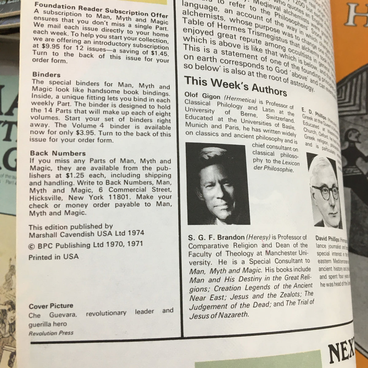 Subscription offer section from Man, Myth & Magic Magazine Part 46, featuring details about back issues and notable authors contributing to the magazine.