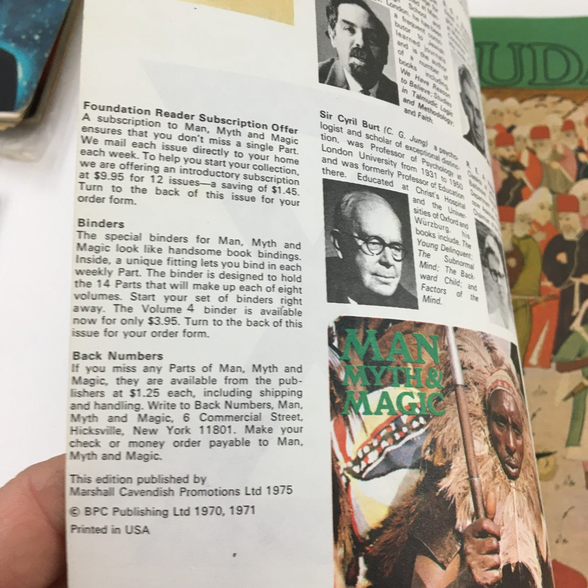 Interior page of Man Myth & Magic Magazine Part 55 with subscription information and images, emphasizing the magazine's focus on historical and cultural narratives.