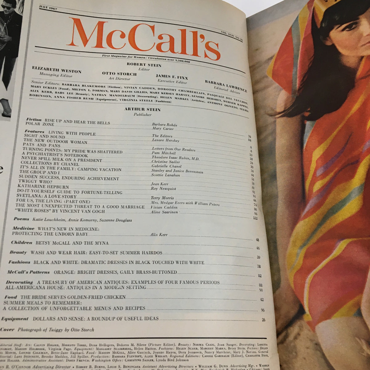 Inside page of McCall's Magazine July 1967, detailing articles including one by Otto Storch and featuring Twiggy, reflecting the era's style.