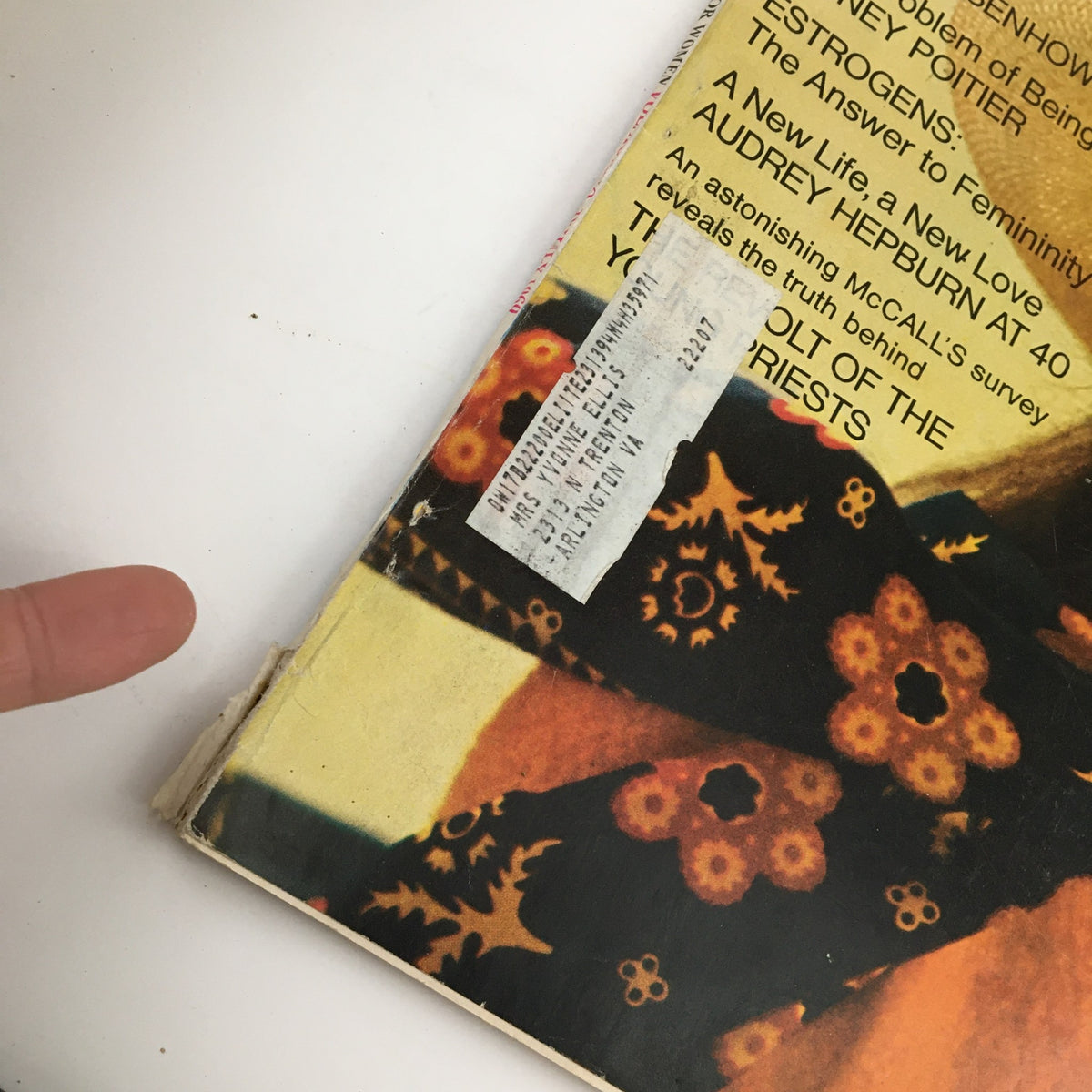 Close-up view of the cover of McCall's Magazine July 1969 showing the address label and decorative patterns.