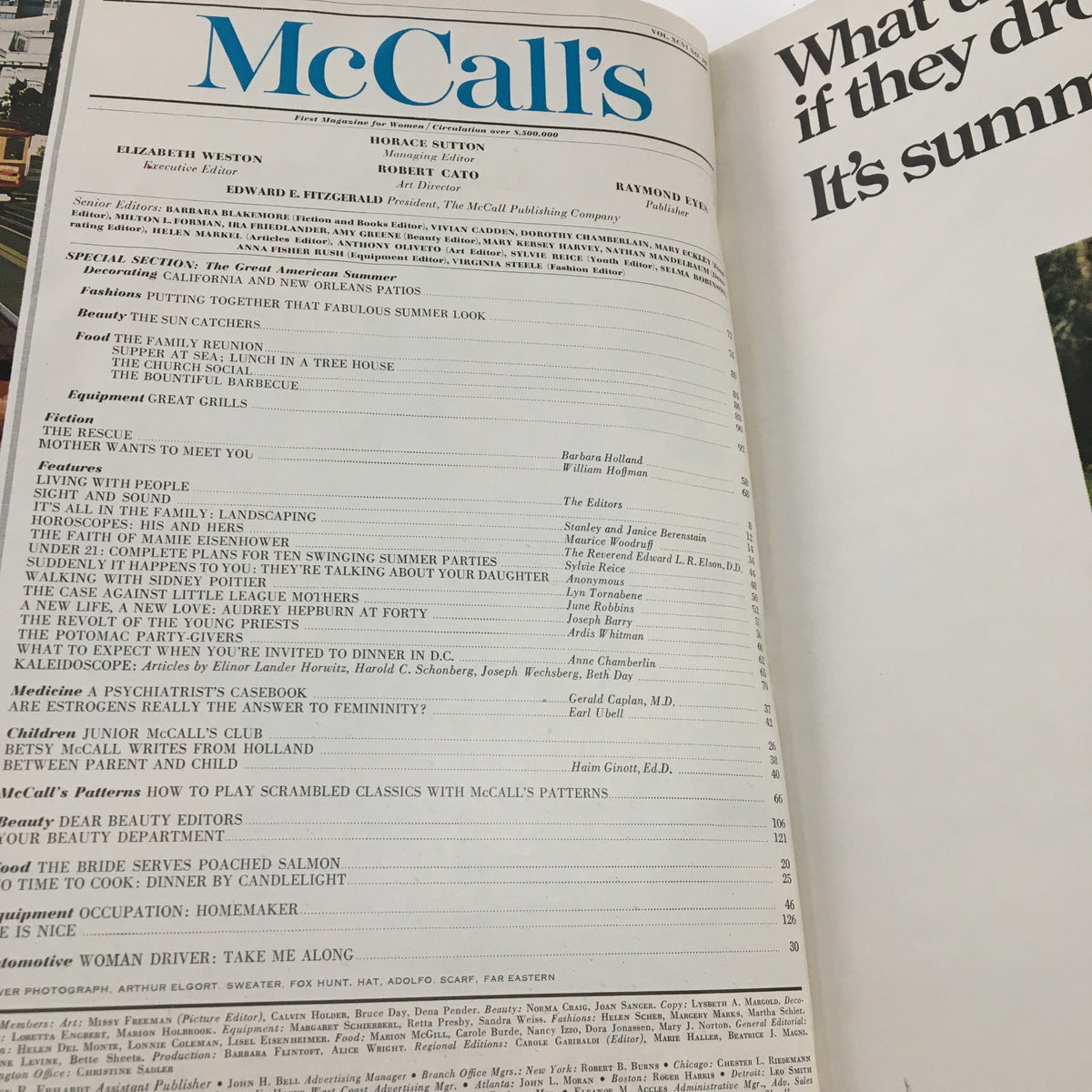 Interior view of McCall's Magazine July 1969 showcasing the table of contents, featuring articles including 'The Case Against Little League Mothers' and various sections on summer themes, family, and beauty.