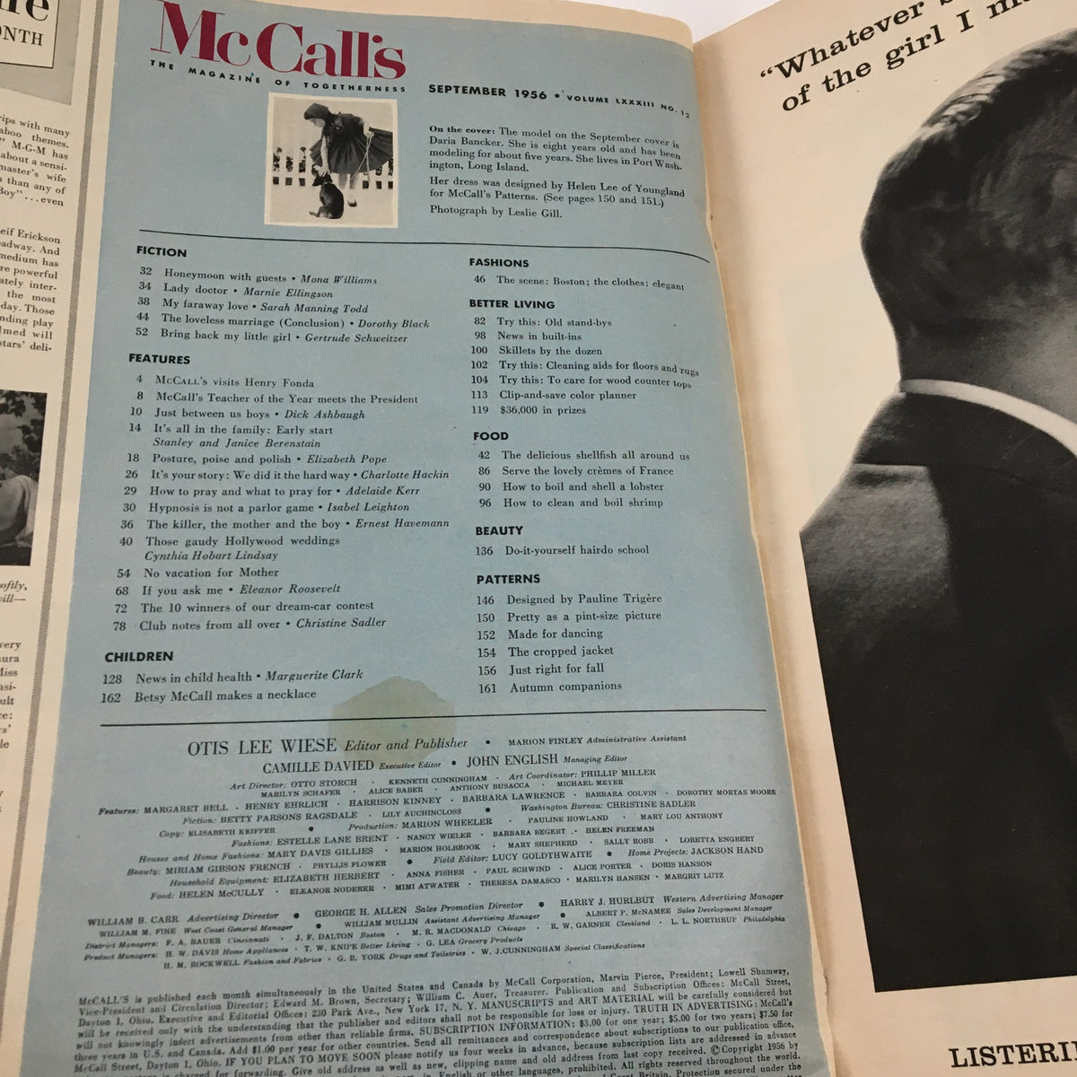 Inside spread of McCall's Magazine September 1956, showcasing the table of contents and various features including Hollywood weddings and psychology insights.