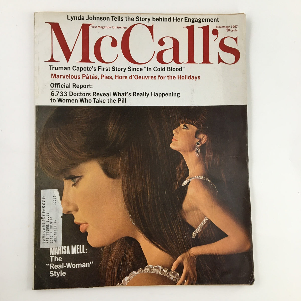 Cover of McCall's Magazine November 1967 featuring Marisa Mell, showcasing 'The Real-Woman Style,' with highlights on women's fashion and societal themes from the 1960s.