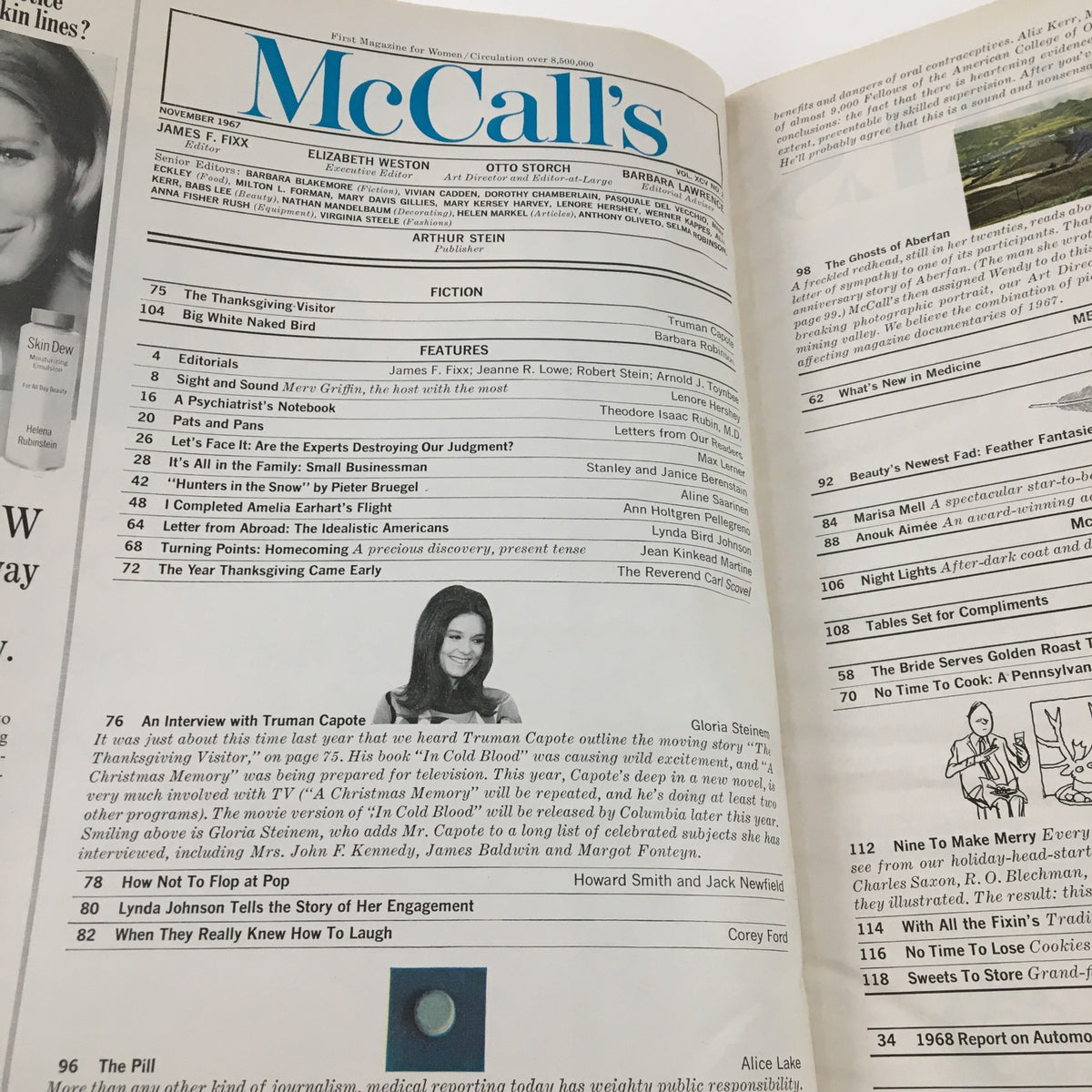 Interior page of McCall's Magazine November 1967 displaying the table of contents, including features like an interview with Truman Capote and women's lifestyle articles.