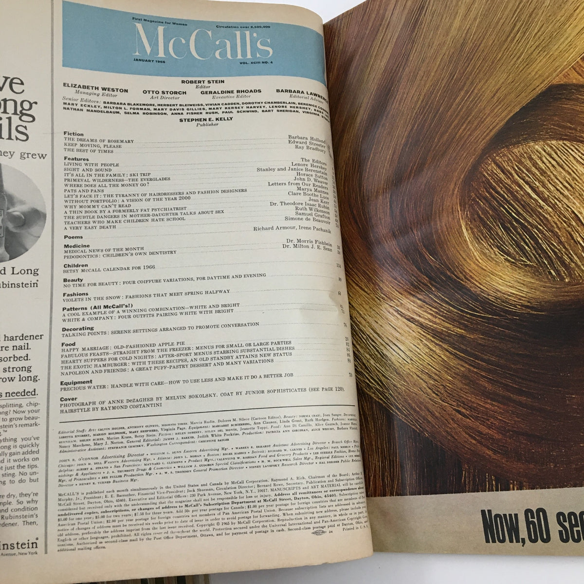 Interior page of McCall's Magazine January 1966 featuring content list and a striking hairstyle photograph by Melvin Sokolsky, showcasing the magazine's rich fashion history.