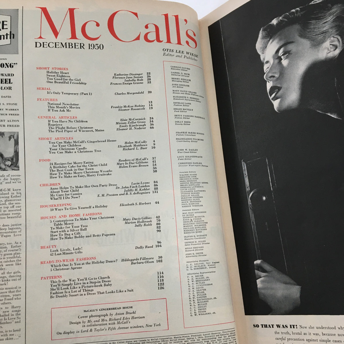 Interior page of McCall's Magazine December 1950 showing the table of contents, including features like the gingerbread house recipe.
