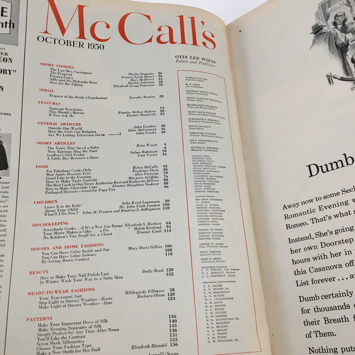 Interior page of McCall's Magazine October 1950 displaying the contents page, outlining articles and features included in this mid-century issue.