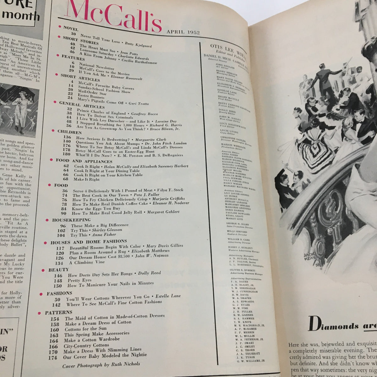 Table of contents from McCall's Magazine April 1952 showcasing features and articles including fashion, beauty, and food.