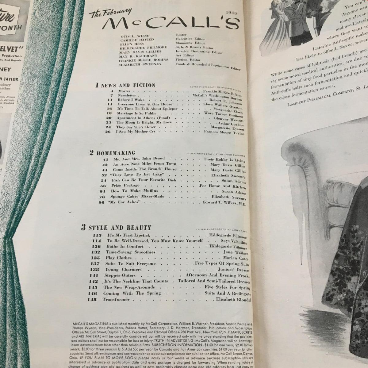 Inside page of McCall's Magazine February 1945 displaying the table of contents, highlighting fashion and homemaking articles relevant to the 1945 era.