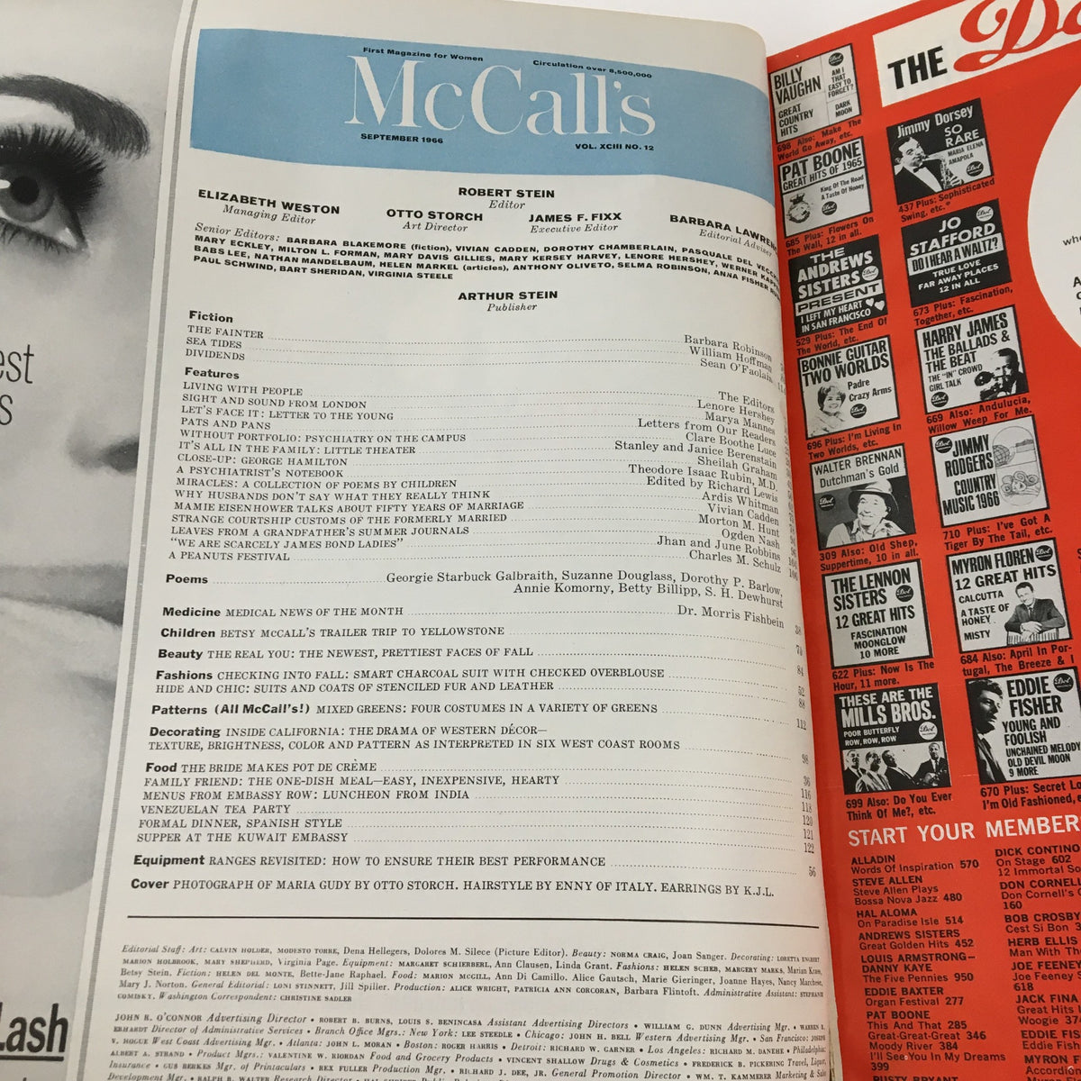 Interior page of McCall's Magazine September 1966, displaying the contents and editorial highlights including features, articles, and a profile of Mamie Eisenhower discussing her marriage.