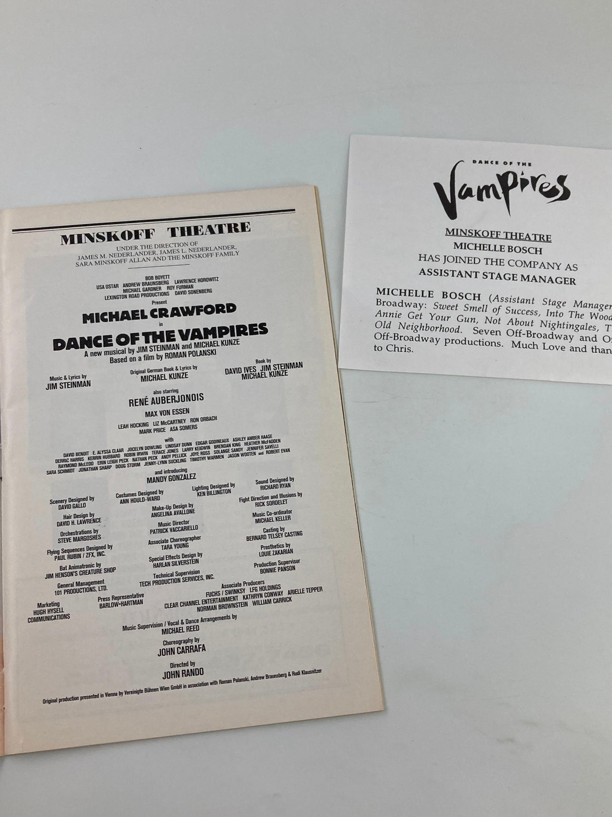 Back page of the 2003 Playbill for 'Dance of the Vampires' at Minskoff Theatre, including cast and crew details.