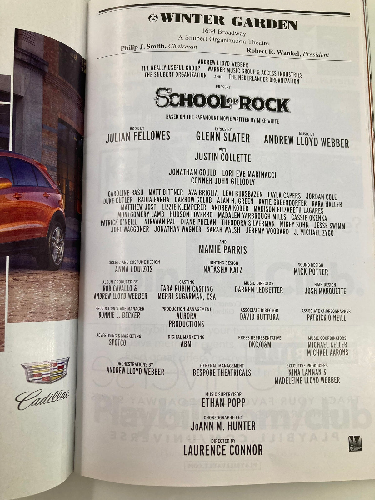 2018 Playbill Winter Garden Theatre featuring Justin Collette in School of Rock Musical with cast list including Julian Fellowes and Andrew Lloyd Webber.
