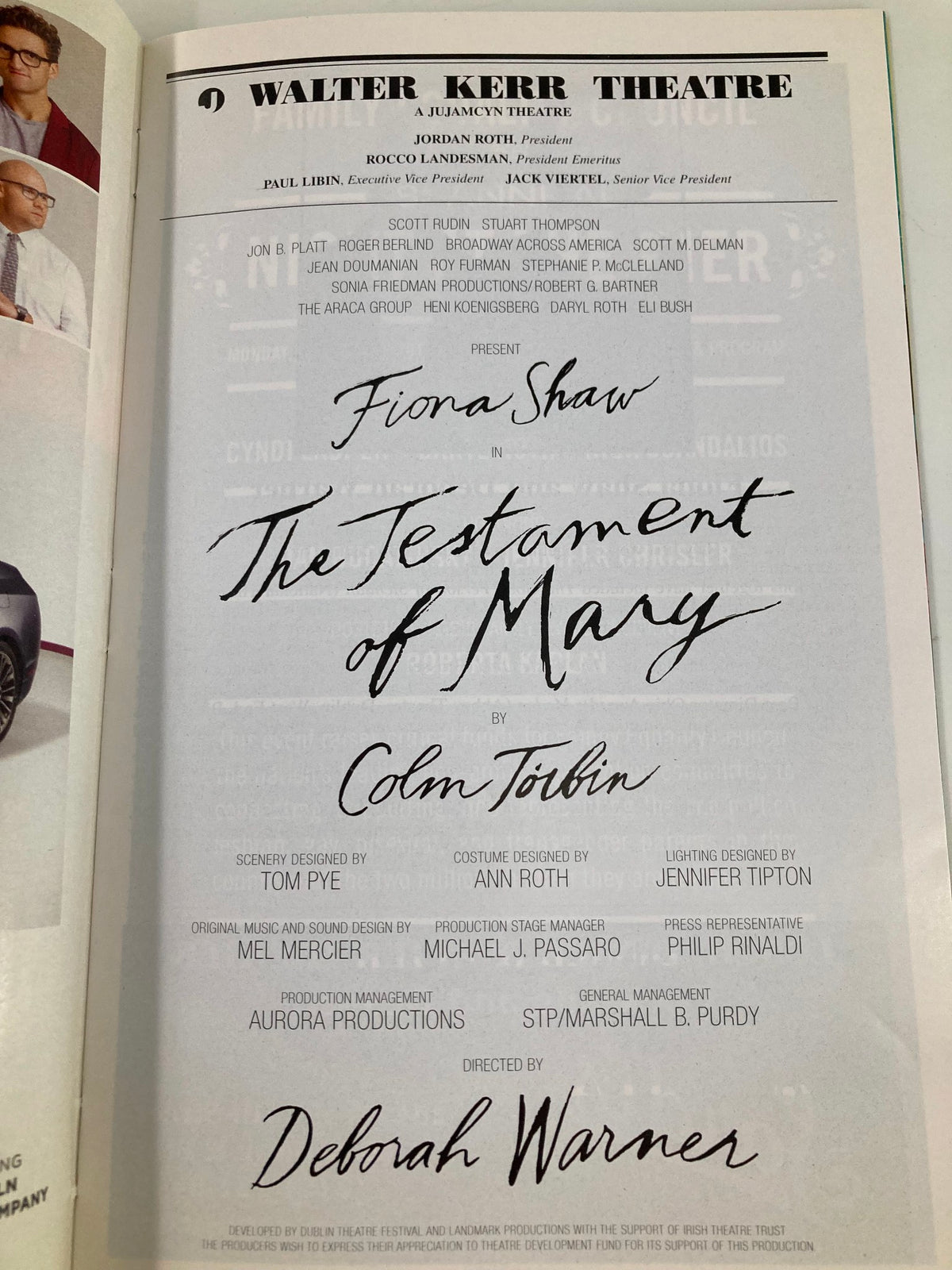 The playbill page displaying information about Fiona Shaw's role in The Testament of Mary, including cast details and production credits at Walter Kerr Theatre.