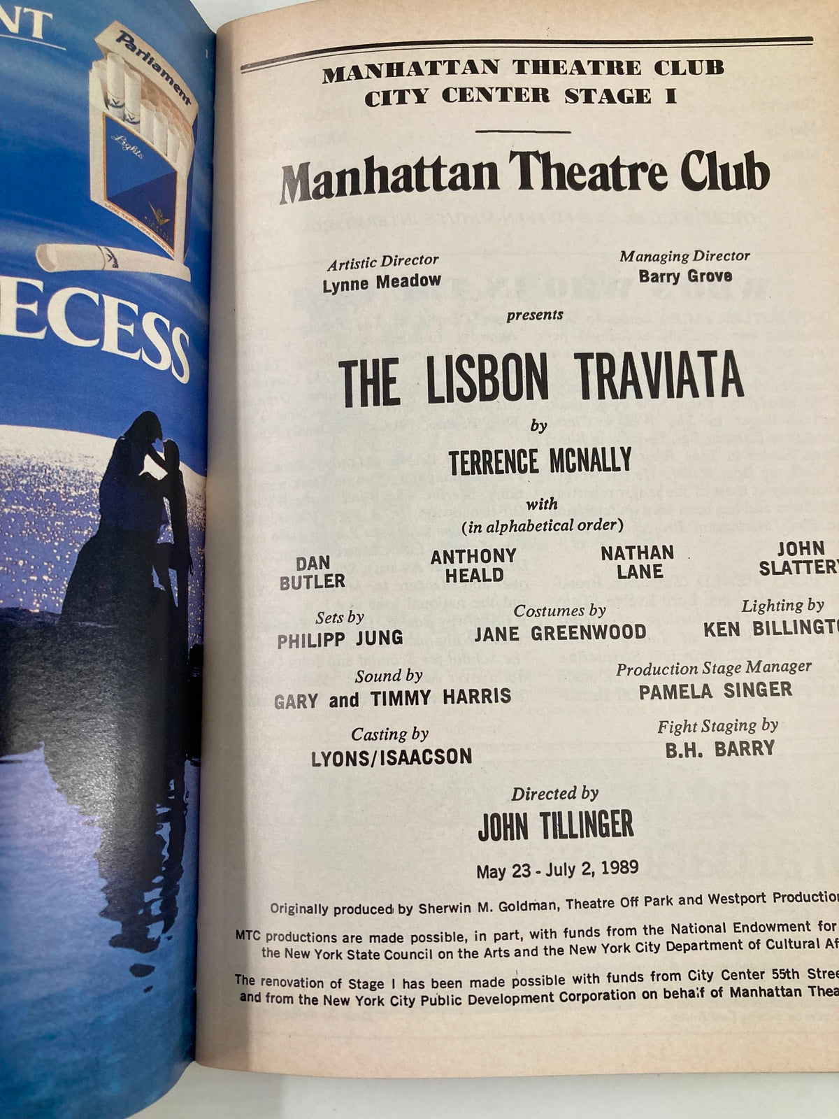 Inside page of the 1989 Playbill for 'The Lisbon Traviata' by Terence McNally, listing production details including directors, cast, and production team.