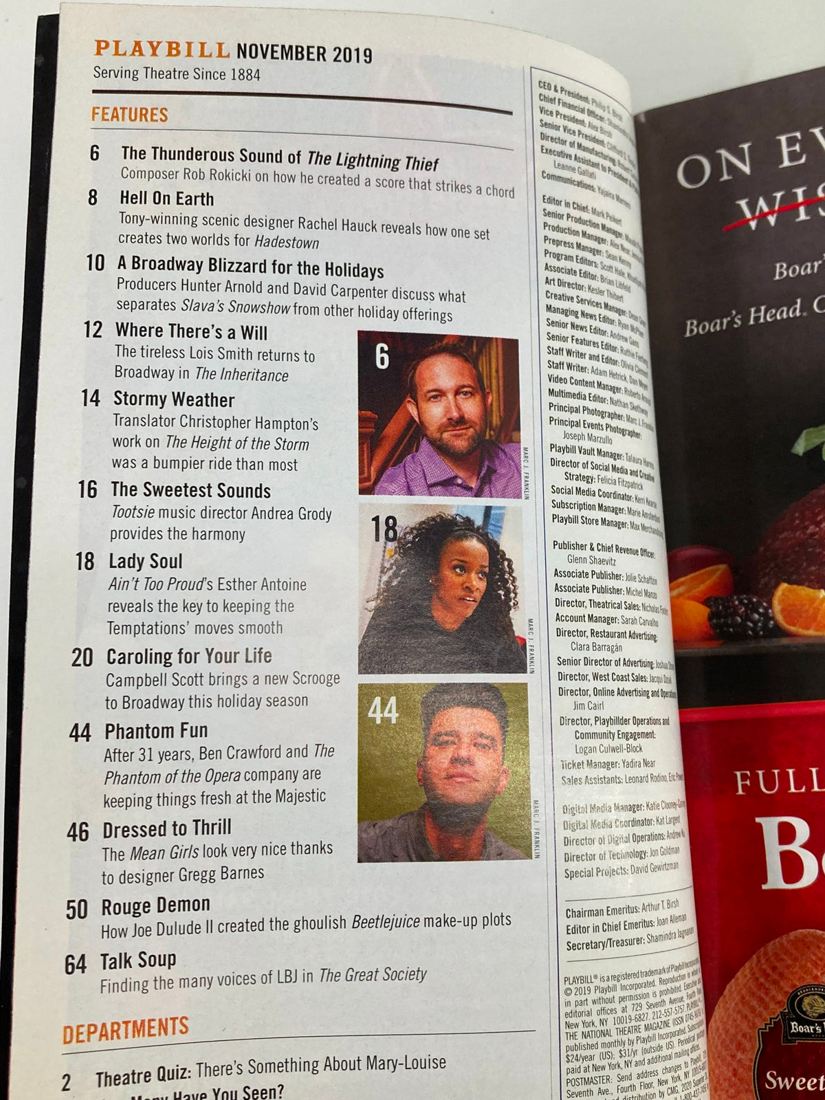 Playbill November 2019 featuring The Rose Tattoo by Tennessee Williams, showcasing various features from Broadway including The Lightning Thief and other performances.